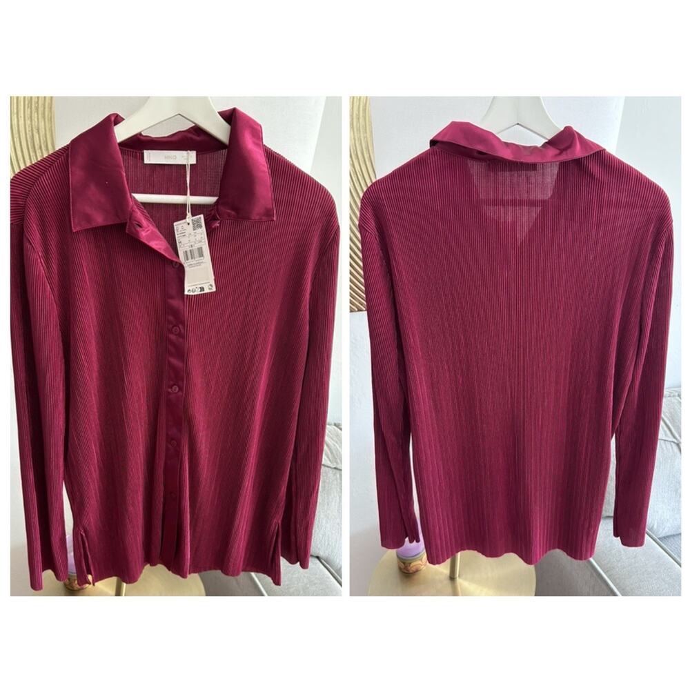 Mango Pleated Burgundy Button Up Shirt Size 6 Party